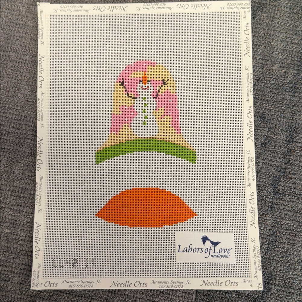 Labors of Love Needlepoint Canvas - Pink and Orange Snowman 3D Dimensional Bell